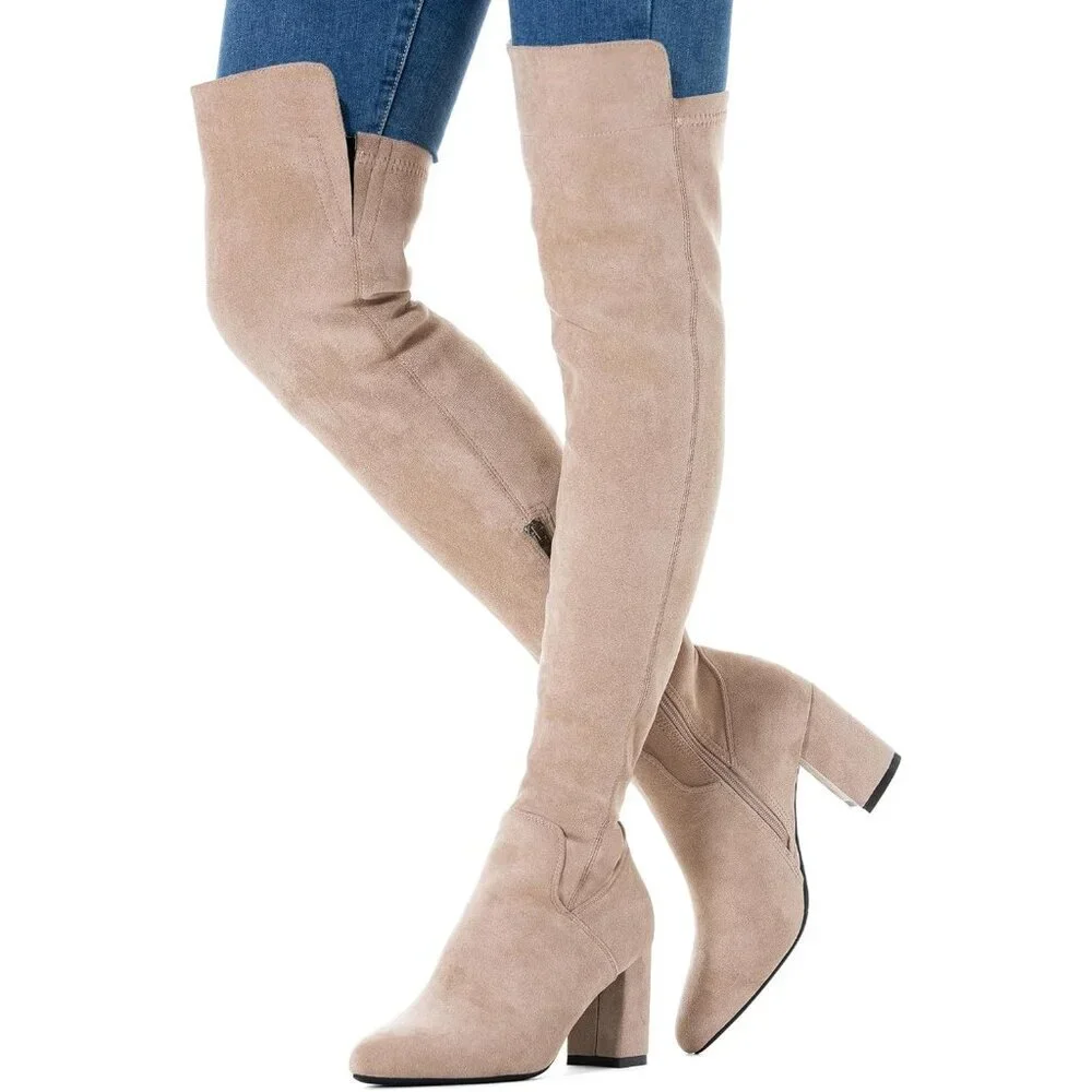 Women Beige\3inch Suede Over the Knee Thigh High Chunky Block Heel Winter Boots